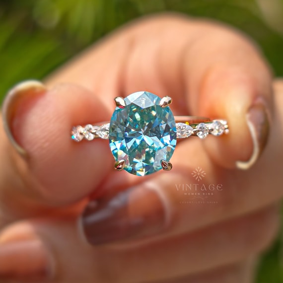Cluster Diamond Ring Ice Blue Moissanite Ring 2.50 CT Oval Cut Blue Moissanite Engagement Ring Halo Diamond Ring Wedding Ring Gift For Her