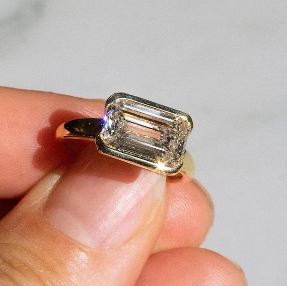 Vintage 2 CT Emerald Cut Moissanite Engagement Ring East West Emerald Cut Moissanite Solitaire Ring, Half Bezel Set Wedding Ring for Women