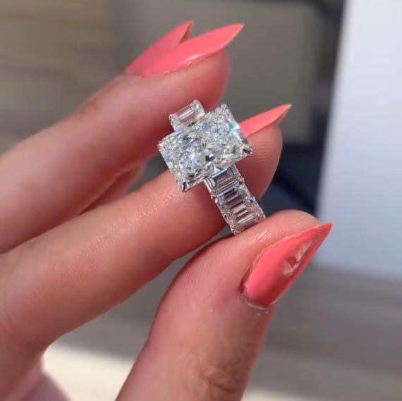 5 CT Radiant Cut Moissanite Engagement Ring Full Eternity Moissanite Wedding Ring 14K Solid White Gold Anniversary Ring For Her Promise Ring