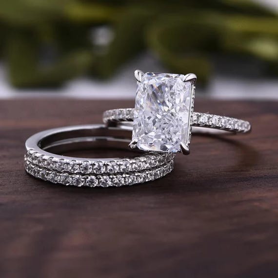 3.50 CT Radiant Cut Moissanite Ring Set: 14K White Gold Bridal Band