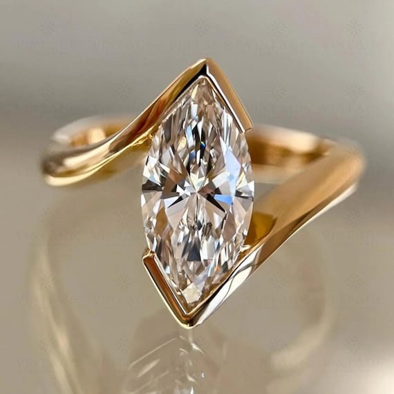 Half Bezel Set 2.50 CT Marquise Cut Moissanite Engagement Ring, Bypass Ring 18K Gold Marquise Solitaire Anniversary Ring, Women Wedding Ring