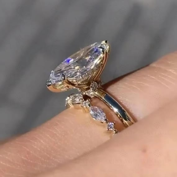 2CT Marquise Cut Moissanite Engagement Ring Set Marquise Bridal Ring Set 14K Solid Gold Wedding Ring Set Anniversary Gift Ring Set For Wife