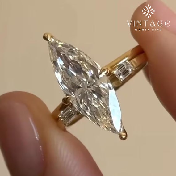 3 CT Marquise Moissanite Ring Set | Elongated Solitaire Engagement Ring | Unique Eternity Band | Wedding & Anniversary Gift for Her