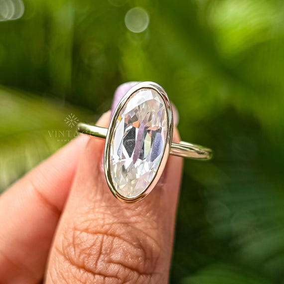Old Mine 3 CT Elongated Oval Cut Moissanite Ring Bezel Engagement Ring 14K Solid Gold Vintage Ring Wedding Anniversary Ring Gift For Her