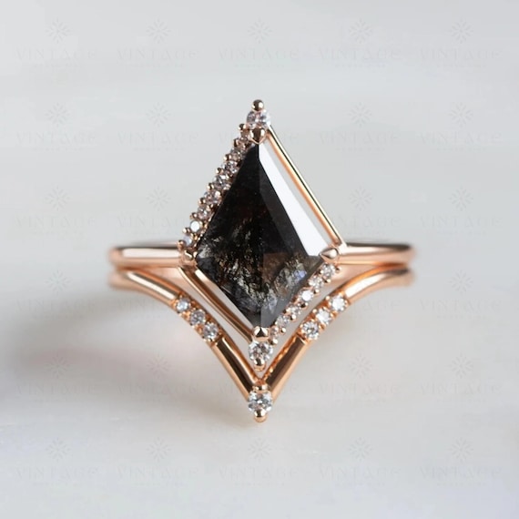 1.5 CT Salt and Pepper Natural Diamond Kite Engagement ring Diamond ring 14K Gold Diamond wedding ring Unique Anniversary Ring Promise Ring