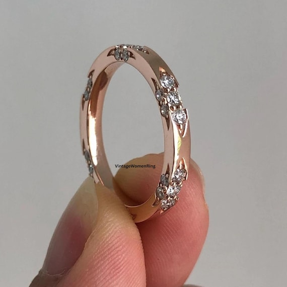 14K Rose Gold Plated Moissanite Lace Band | Round Cut Diamond Wedding Ring for Women | Unique Promise Ring | Anniversary Gift Ring for Her