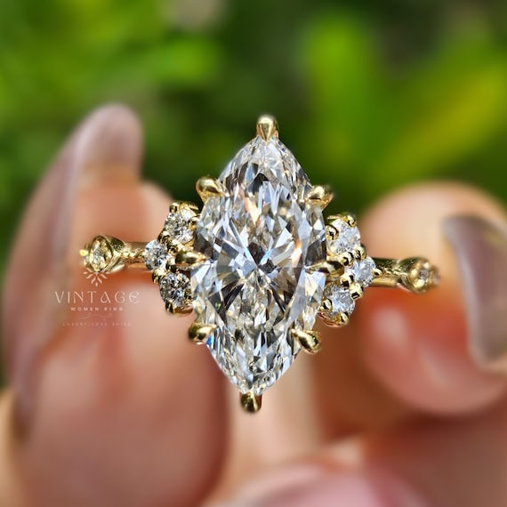 Marquise Moissanite Cluster Engagement Ring Unique Art Deco Anniversary Rings For Her, Cluster Promise Ring, 14K Gold Snowdrift Wedding Ring