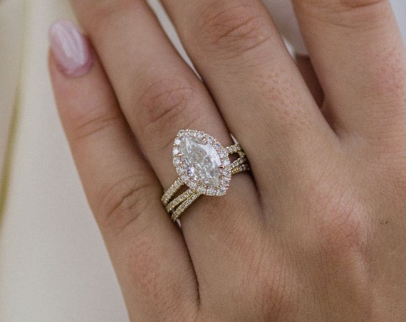 1.75ct Marquise Cut Halo Moissanite Engagement Ring, Cathedral Setting Marquise Pave Diamond Ring, 18k Yellow Gold Wedding Ring For Her Gift
