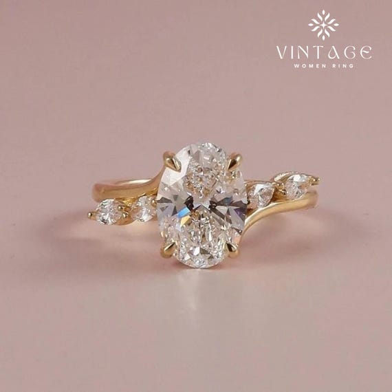 3CT Oval Cut Solitaire Side Marquise Moissanite Engagement Ring 14k Solid Gold Oval Cut Ring Wedding Anniversary Ring Proposal Ring For Her