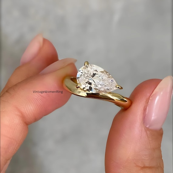 3CT East West Pear Moissanite Engagement Ring | Solid Gold - Platinum | Solitaire Teardrop Ring | Curved Wedding Band Set | Anniversary Gift
