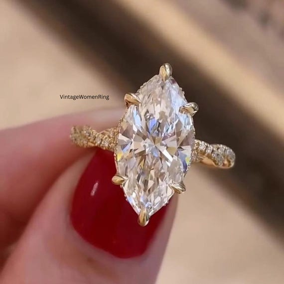 4.0 CT Marquise Cut Engagement Ring 18K Solid Gold Marquise Moissanite Ring Twisted Shank Diamond Wedding Ring Anniversary Promise Gift Ring
