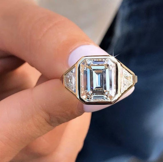 3 CT Emerald Cut Bezel Set Moissanite Diamond Engagement Ring 18K Solid Gold Trilogy Wedding Ring Bezel Ring Low Profile Bezel Ring For Gift