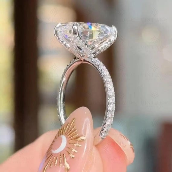 3CT Oval Moissanite Engagement Ring: Solid Gold Hidden Halo, Petal Prong