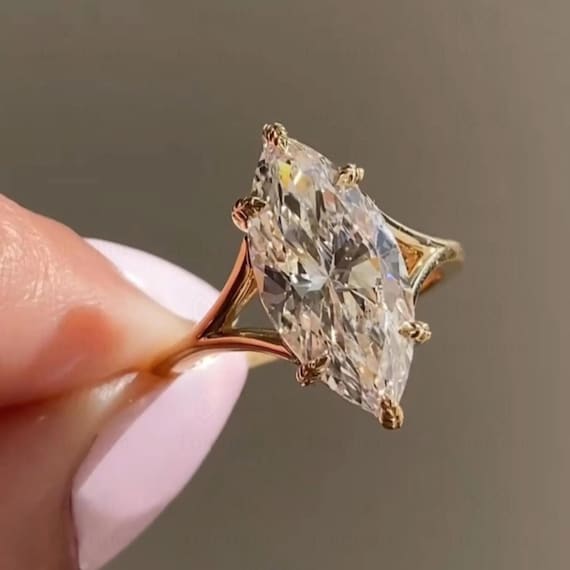 3 CT Marquise Cut Moissanite Engagement Ring 18K Yellow Solid Gold Marquise Split Shank 6 Prong Ring Anniversary Wedding Ring Gift For Wife