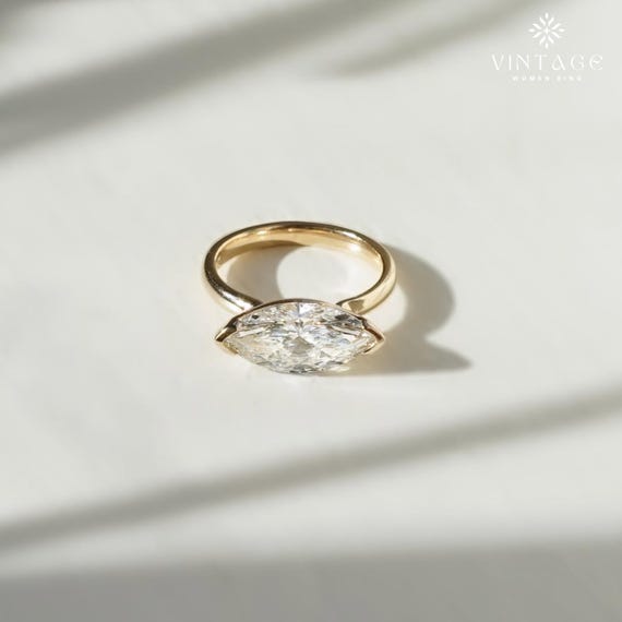 East To West Marquise Cut Moissanite Engagement Ring V Prong Set Solitaire Wedding Ring East West Anniversary Ring Promise Gift Ring For Her