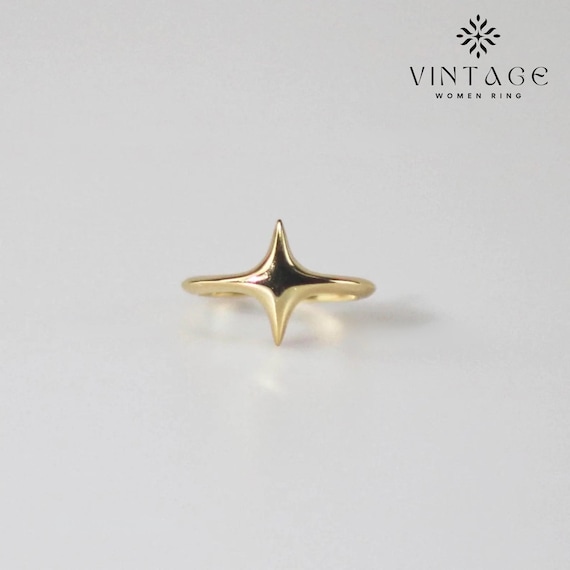 18K Gold Adjustable Star Ring | Bold Four Point Star Band | Unique Gold Statement Ring for Her | Anniversary Gift | Gold Ring For Women
