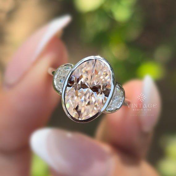 3 CT Elongated Oval Cut Three Stone Engagement Ring 14K Yellow Gold Full Bezel Set Trilogy Ring Promise Ring Anniversary Gift Ring For Her