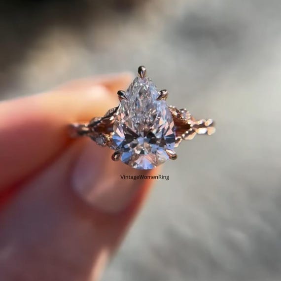 3 CT Pear cut Moissanite Solitaire Engagement Ring 14K Solid Gold Anniversary Ring Wedding Ring For Her Leaves and Petal Design Promise Ring