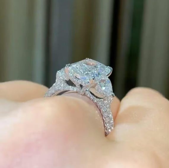 4 CT Radiant Cut Moissanite Engagement Ring 14K Solid Gold Three Side Pave Wedding Ring Unique Hidden Halo Stackable Proposal Ring For Women