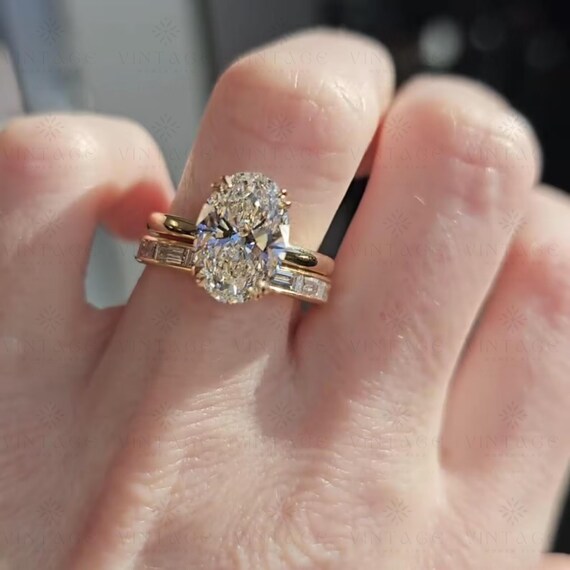 3CT Oval Moissanite Wedding Set | Art Deco Engagement Ring & Matching Band | 14K Solid Gold Bridal Ring Set | Gift for Her