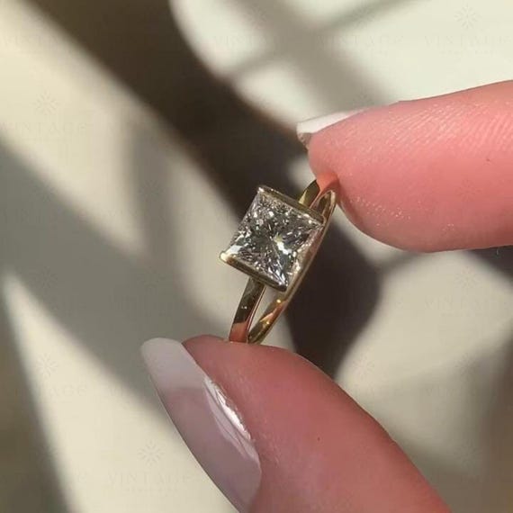 Princess Cut Moissanite Ring Half Bezel Set Ring Modern Engagement Ring Dainty Wedding Ring Solitaire Diamond Ring Proposal Ring For Her