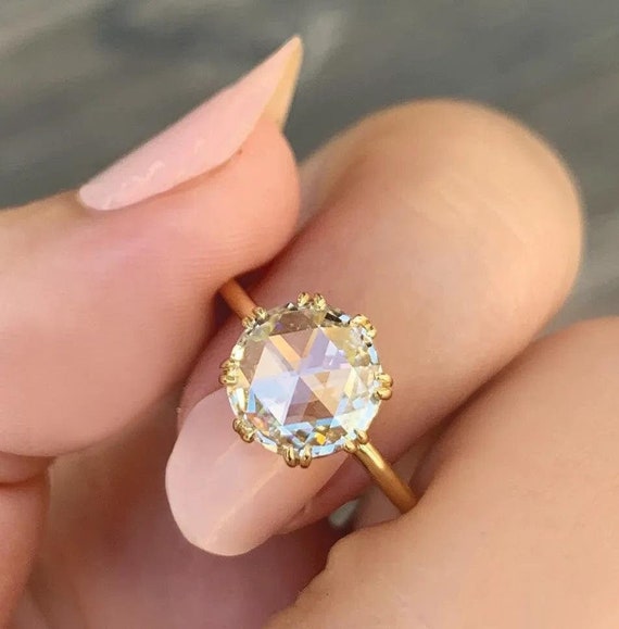 1.47ct Rose Cut Round Solitaire Moissanite Engagement Ring, 18k Yellow Gold Unique Prong Diamond Wedding Ring, Anniversary Gift for Her