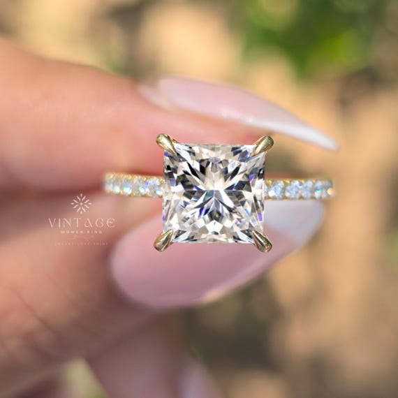 2 CT Princess Engagement Ring 14K Solid Gold Promise Ring Moissanite Half Eternity Wedding Ring Four-Prong Stackable Ring Gift For Her