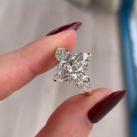 3CT Marquise Moissanite Engagement Ring | Pear Side Stone Vintage Style | Three-Stone Ring for Women | Unique Anniversary Gift Jewelry
