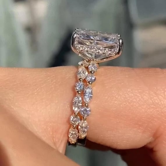 4 CT Radiant Cut Moissanite Bridal Ring Set | Yellow Gold Halo Engagement & Wedding Ring for Her | Anniversary Gift | Promise Ring For Women