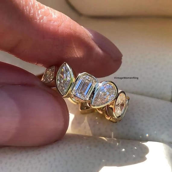 Mixed-Shaped Eternity Moissanite Diamond Band, Unique Wedding Anniversary Band, Multi-Diamond Band, Bezel-Set Eternity Band, Proposal Ring