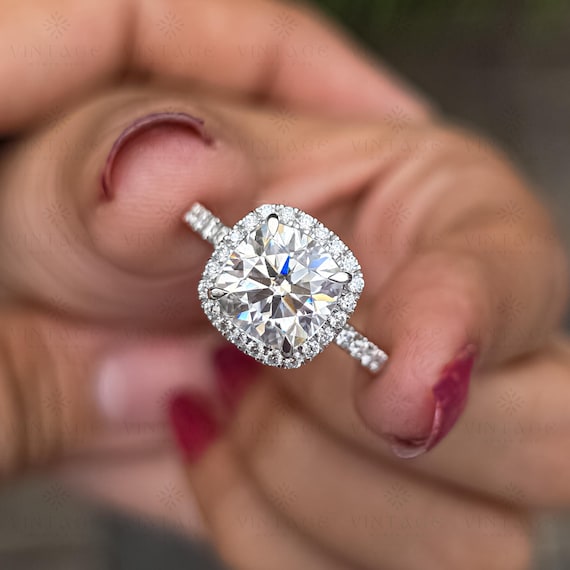 3.5 CT Cushion Cut Moissanite Anniversary Ring, Halo With Basket Set Engagement Ring, 4 Claw Prong Set Wedding Ring, Handmade Ring For Women