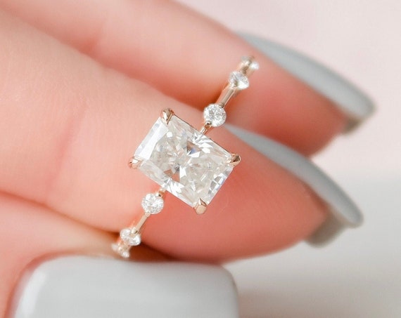 Radiant Cut Moissanite Diamond Ring Radiant Hidden Halo Engagement Ring 14K Solid Gold Wedding Promise Ring Anniversary Gift Ring For Her