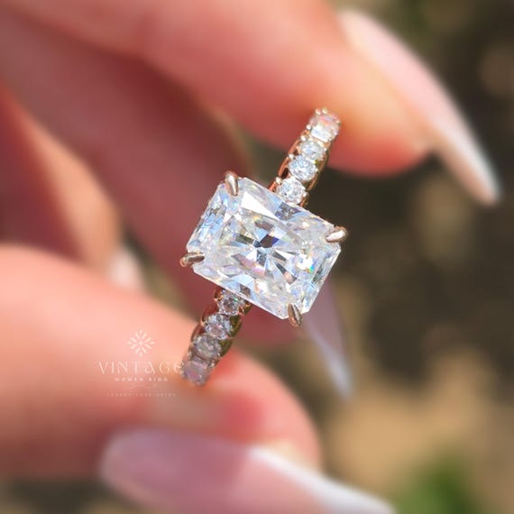 Radiant Moissanite Diamond Engagement Ring, Unique Radiant Cut Diamond Ring, Solitaire Stone Eternity Ring, Proposal Ring For Girlfriend