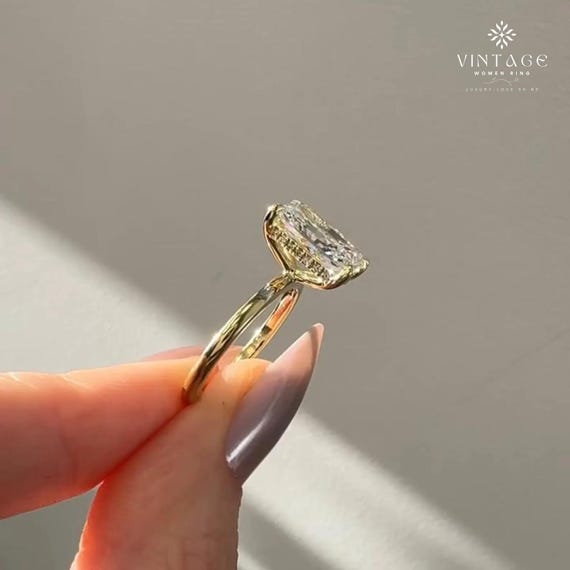 Radiant Cut Moissanite Engagement Ring: 14K Yellow Gold Hidden Halo