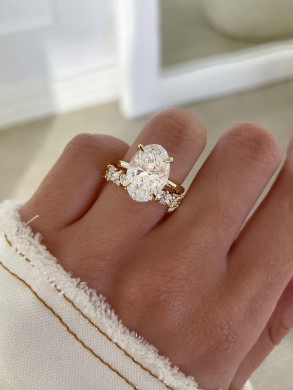 3.05CT Oval Moissanite Engagement Ring Set | Hidden Halo Bridal Ring | Vintage Marquise Wedding Ring for Women | Dainty Gold Jewelry