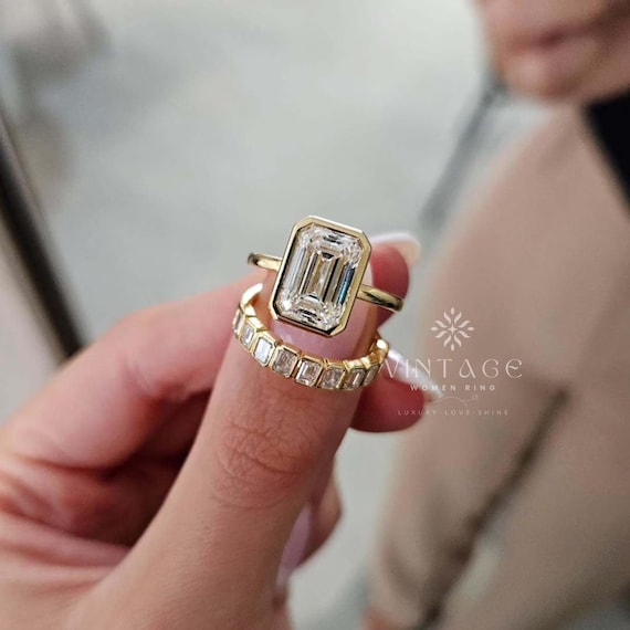 Emerald Cut Moissanite Bezel Engagement Ring Set 14K Gold with Half Eternity Emerald Bezel Band Wedding Matching Bridal Set Gift For Women