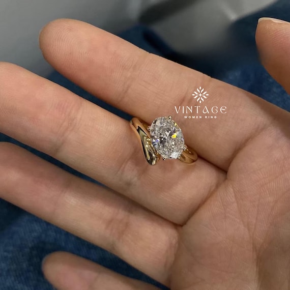 Oval Moissanite Ring 14k Solid Gold Floating Gem Ring East West Unique Sideway Oval Cut Ring Unique Floating Stone Wedding Anniversary Gift