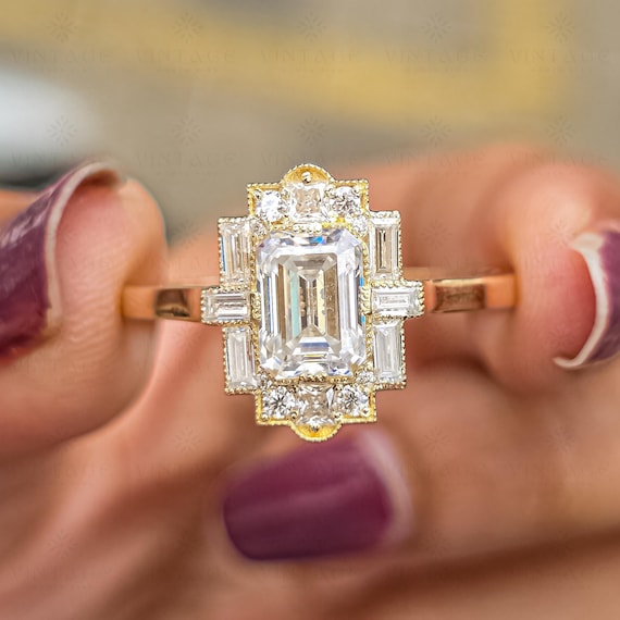 2 CT Emerald Cut Vintage Morganite Engagement Ring Baguette Wedding Ring Unique Art Deco Ring Princess Halo Ring Starburst Ring For Her