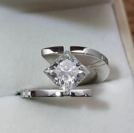 2CT Princess Cut Moissanite Ring | Tension Set Floating Engagement Ring in Solid White Gold, Mother’s Day Gift, Modern Bridal Jewelry