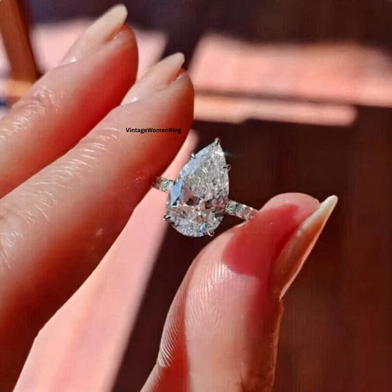 3.00 CT Pear Shape Moissanite Engagement Ring, Pear Cut Hidden Halo Ring, Tear Drop 14K 18K White Gold Pave Setting Ring, Anniversary Gift