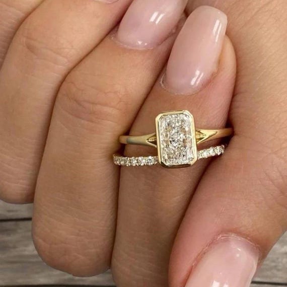 4 CT Radiant Cut Moissanite Bridal Ring Set Yellow Gold Bezel Engagement Ring with Matching Diamond Band Modern Wedding Jewelry Gift For Her