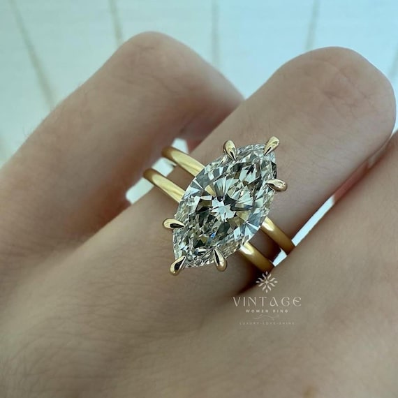 3 CT Marquise Cut Moissanite Engagement Ring Hidden Halo Double Band 14K Yellow Gold Solitaire Ring Wedding Rings For Her Anniversary Gifts