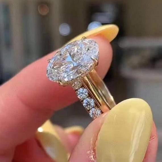 3CT Oval Cut Moissanite Engagement Ring 14K Solid Gold Bridal Ring Set With Oval Half Wedding Set Promise Ring Unique Gift Ring Set For Her