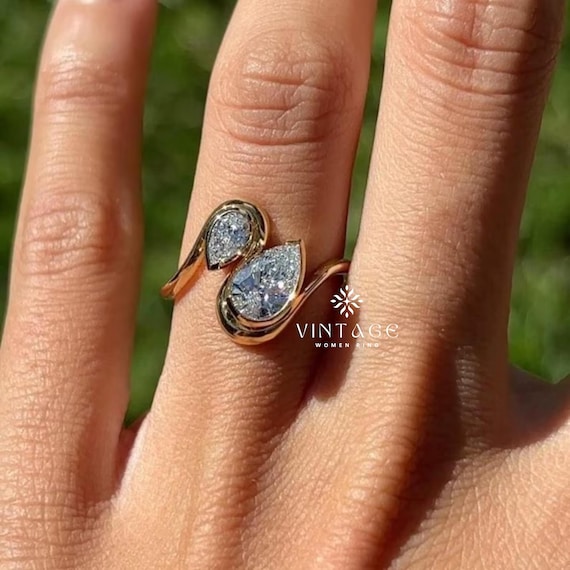 Toi Et Moi Pear Cut Moissanite Ring Engagement Ring wedding ring 14K Solid Gold Bezel Set Wedding Ring Handmade jewelry | mothers day gift