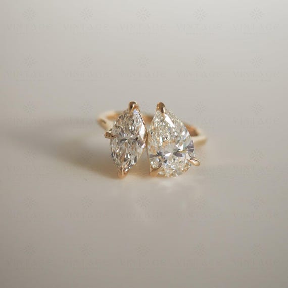 4.50 CTW Toi Et Moi Marquise & Pear Engagement Ring, Two Stone Anniversary Ring, Unique Diamond Ring, Handmade Jewelry, Promise Wedding Ring