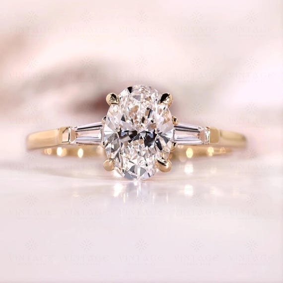 3 CT Oval Moissanite Ring: Tapered Baguette, Solid Gold Vintage Wedding Band