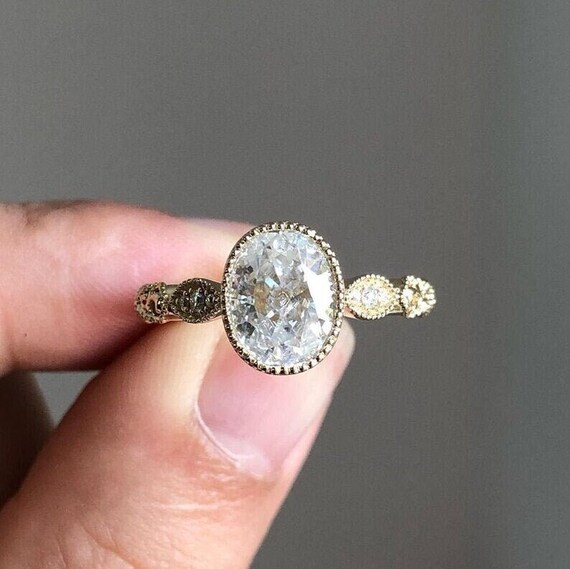 1.33ct Crushed Ice Oval Halo Moissanite Milgrain Engagement Ring, 18k Yellow Gold Art Deco Diamond Wedding Ring, Anniversary Ring for Her