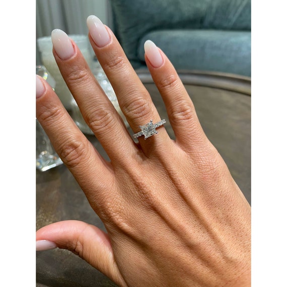 1.50CT Princess Cut Moissanite Diamond Engagement Ring | Pave Diamond Stacking Ring | 18K White Gold Wedding Band Anniversary Gift for Women