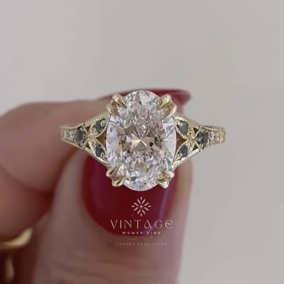 Double Claw Prong Vintage Oval Cut Moissanite Engagement Rings Art Deco 14K Yellow Solid Gold Wedding Ring Nature Inspired Anniversary Gift