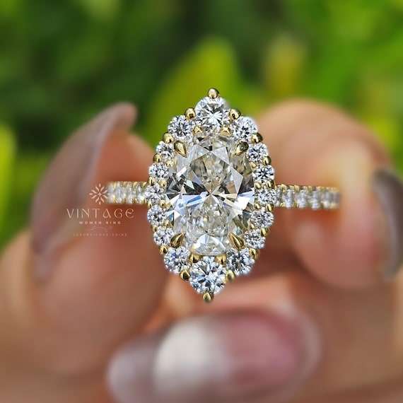 2 CT Halo Oval Cut Engagement Rings Oval Cut Diamond Halo Ring Oval Cut Moissanite Ring Oval Halo Ring 14K Solid Gold Unique Oval Cut  Ring